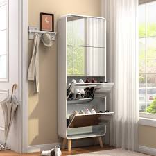 Photo 1 of Shoe Cabinet, 4 Flip Drawers Free Standing Shoe Rack with Mirror, White Wood Slim Shoe Storage Cabinet for Entryway, Hallway, and Corridor, Holds 12 Pair Shoes