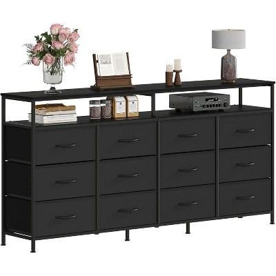 Photo 1 of 63 Inch Long Dresser for Living Room 12 Drawers Fabric Dresser TV Stand for Bedroom Chest of Drawers with Open Shelves