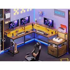 Photo 1 of 66 Inch L Shaped Corner LED Gaming Computer Desk with File Drawer Black
