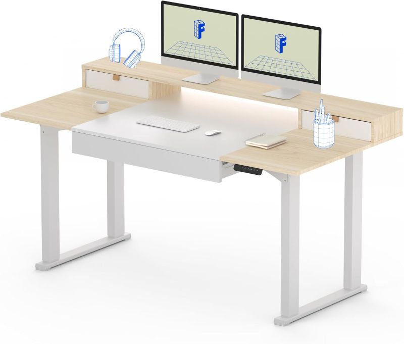 Photo 1 of 4-Leg Standing Desk with Storage 63x32 in Electric Adjustable Height with 3 Drawers & Shelving Home Office Workstation (White + Maple Top)