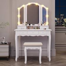 Photo 1 of Vanity Table Set with Lighted Tri-Folding Mirror, Makeup Vanity with Lights & 3 Color Lighting Modes, Vanity Desk with Mirror and Cushioned Stool, Makeup Table with 5 Drawers, White