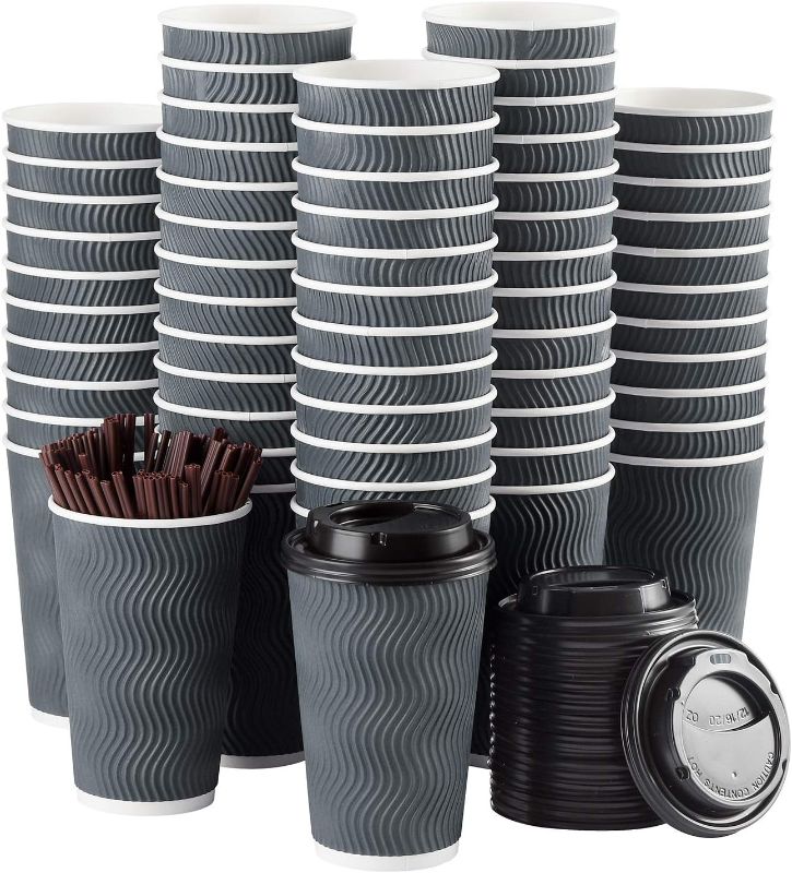 Photo 1 of Disposable Coffee Cups with Lids and Straws - 16 oz (500 Set) Togo Hot Paper Coffee Cup with Lid To Go for Beverages Espresso Tea Insulated Reusable Cold Drinks Ripple Cups Protect Fingers From Heat
