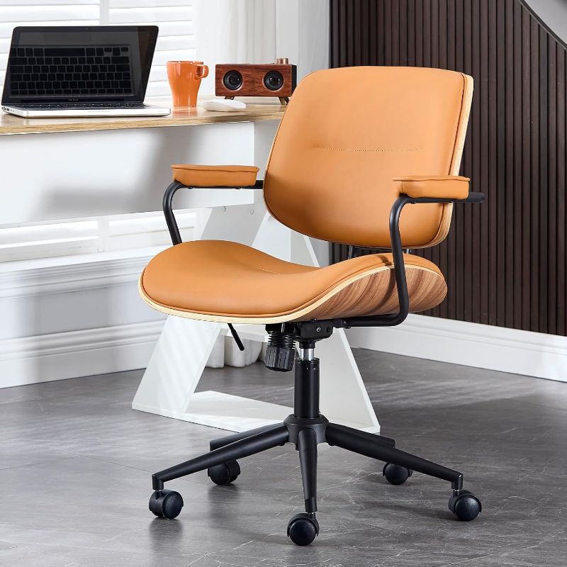 Photo 1 of Mid Century Modern Office Chair Set of 1, Swivel Rolling Deak Chair with Armrests and Walnut Back, Adjustable Desk Chair for Home Office, Brown