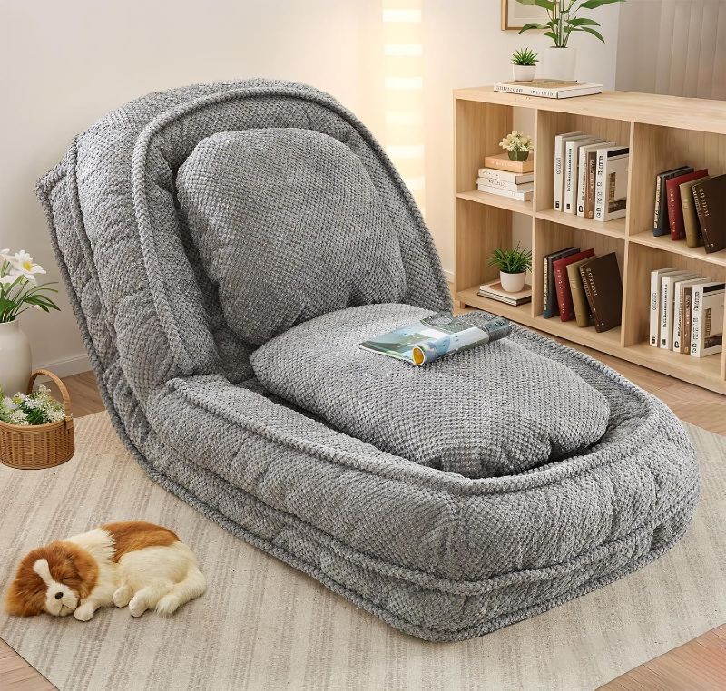 Photo 1 of Upholstered Human Dog Bed for Adult & Pets, Convertible Lazy Sofa Bed with 5 Adjustable Position, Comfy Tatami Bean Bag Lounge Chair with 2 Soft Pillows for Bedroom Living Room Office (Gray)