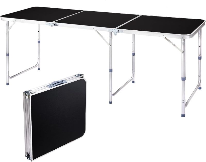 Photo 1 of 6.0 Ft Folding Portable Camping Table with Three Adjustable Heights, Tri-fold Outdoor Table, Outdoor Camping Kitchen, BBQ, Picnic, Cooking, Beach, Garden, Party, Black