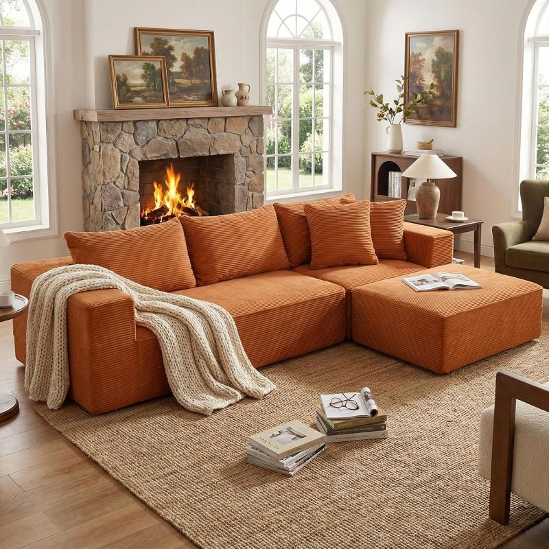 Photo 1 of Cloud Sectional Couch with Deep Seat, Modular Sofa Memory Foam, Boneless Sofa with Movable Ottoman, Upholstered Couches for Living Room Bedroom, No Assembly Required, Orange | Whole Couch included