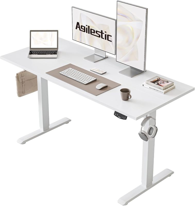 Photo 1 of Electric Standing Desk, 48 x 24 Inches Height Adjustable Desk, Sit Stand up for Work Office Home, Ergonomic Rising Computer Table with Memory Preset, White