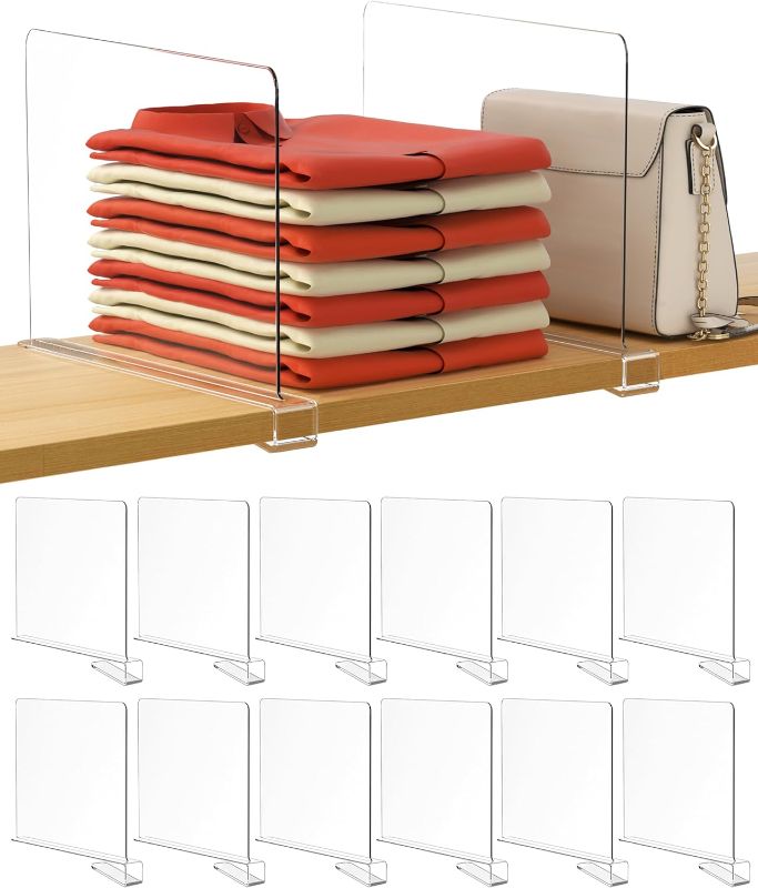 Photo 1 of 12 Inches Tall [Extra Tall Version] Clear Shelf Dividers, 12 Pack Purse Organizer for Closet Perfect for Sweater, Shirts, Handbags, Acrylic Adjustable Bookshelf for Organization