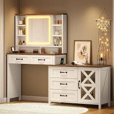 Photo 1 of Farmhouse Vanity Desk with Lighted Mirror and Charging Station, Makeup Vanity Table with Glass Top & Drawers & Shelves &Dresser for Women Girls, White