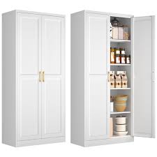 Photo 1 of 71" Height Metal White Storage Cabinet, Modern Tall Steel Pantry Cupboard with 2 Doors and Adjustable Shelves for Kitchen Garage and Home