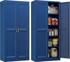 Photo 1 of 71" Height Metal Blue Storage Cabinet, Modern Steel Pantry Cupboard with 2 Doors and Adjustable Shelves for Kitchen Garage and Home Blue | Metal Slightly Dented