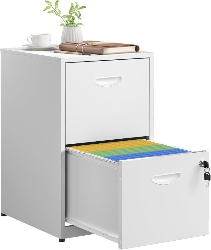 Photo 1 of 2 Drawer File Cabinet with Lock,White Metal Office Drawers Filing Cabinets for Home Office, Two Drawer Under Desk File Cabinet for Hanging Letter,Easy Assemble