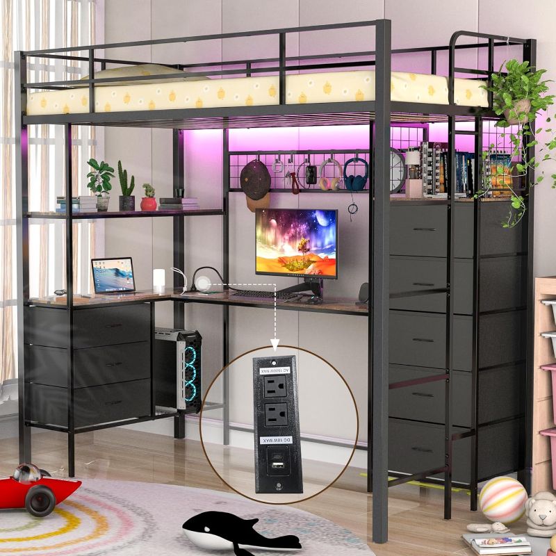 Photo 1 of Box 1/2 | Twin Size Loft Bed with Desk, LED Lights, Charging Station, Industrial Loft Bed Frame with 3 Storage Shelves and 8 Fabric Drawers, Safety Guard & Ladder,LED Metal Twin Size Bunk Bed | Missing Box 2/2