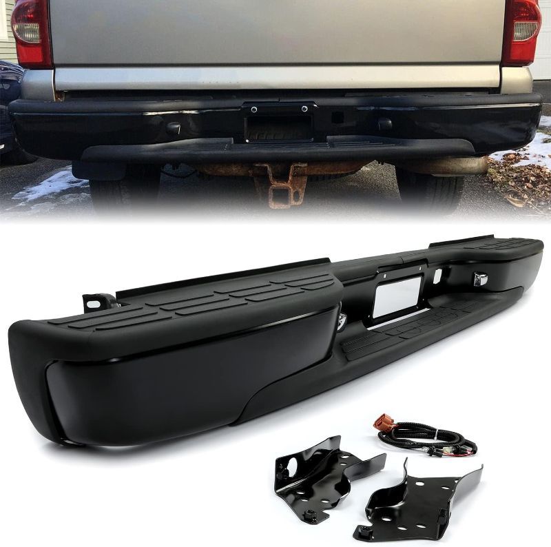 Photo 1 of Rear Step Bumper Compatible with 1999-2007 Chevy Chevrolet Silverado GMC Sierra 1500 2500 Classic Face Bar W/License Plate Lights Replace for GM1103122 12496085 GM1103124 Powder Coated Black