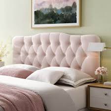 Photo 1 of King Crystal Diamond Button Tufted Velvet Upholstered Adjustable Headboard, Pink