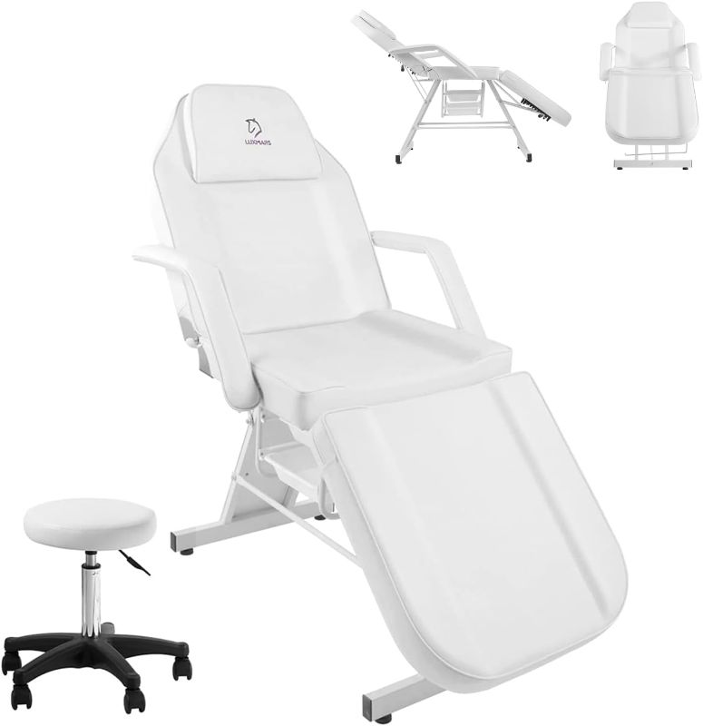 Photo 1 of Sealed | Facial Chair, 73" Tattoo Chair for Client,3-Section Adjustable Massage Table with Stool, Multipurpose Beauty Beds Salon Equipment for Esthetician, Tattooshop, Spa (White)