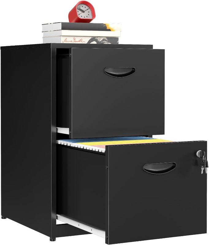 Photo 1 of 2 Drawer File Cabinet, Metal Two Drawer Vertical File Cabinets with Lock, 18" D Blue Storage Filing Cabinet for Home Office, Steel Light Duty Storage for Letter-Size Files, Assembly Required