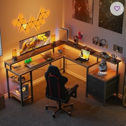 Photo 1 of 66" Reversible L Shaped Desk with File Cabinet, Computer Desk with LED Lights and Power Outlet