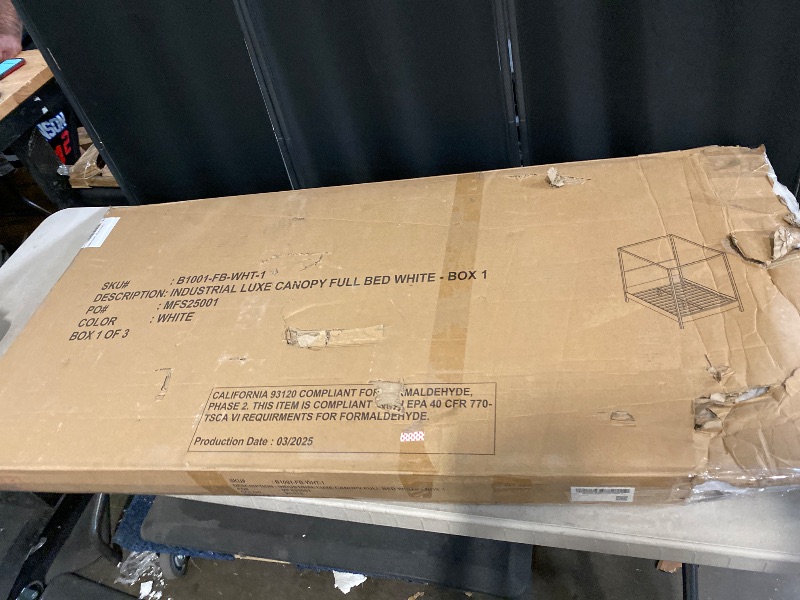 Photo 1 of Only Box 1 of 3 | Upholstered Canopy Bed with Four-Post Metal Frame, Padded Headboard and Transitional Style - Bedroom - Full Size | Missing Box 2 and 3/3