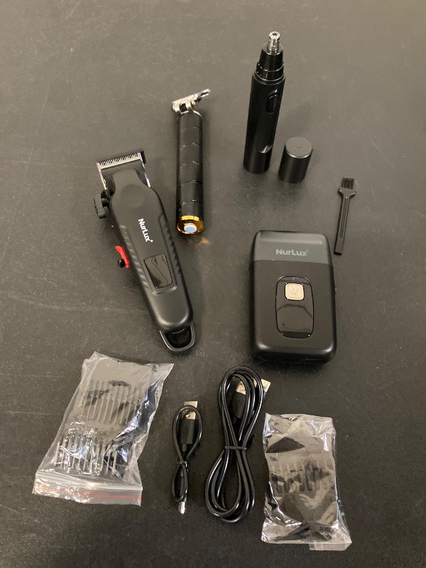 Photo 1 of 4pcs Classic Black Hair Cutting & Grooming Set – Electric Hair Clipper, Beard Trimmer, Nose Hair Trimmer & Razor, Rechargeable with Adjustable Lengths, Ideal for Men’s Home Haircuts, Travel, Styling & Beard Maintenance | Stock image not exact same