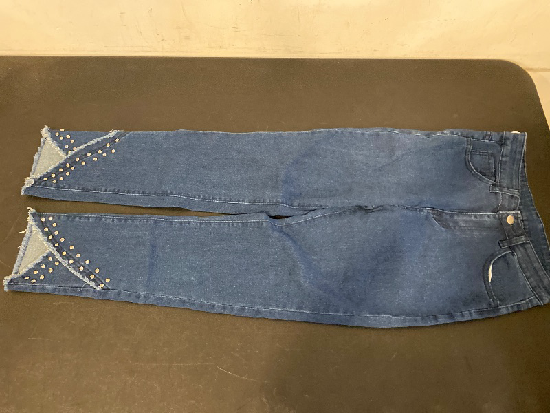 Photo 1 of M Fall Women Clothes, Dark Blue Wash Fitted Denim Pants With RhinestonTrim And Raw Fringe Asymmetrical Hem Jeans. For Everyday Wear, Going Out, Concerts, Festivals,Party