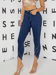 Photo 1 of M Fall Women Clothes, Dark Blue Wash Fitted Denim Pants With RhinestonTrim And Raw Fringe Asymmetrical Hem Jeans. For Everyday Wear, Going Out, Concerts, Festivals,Party