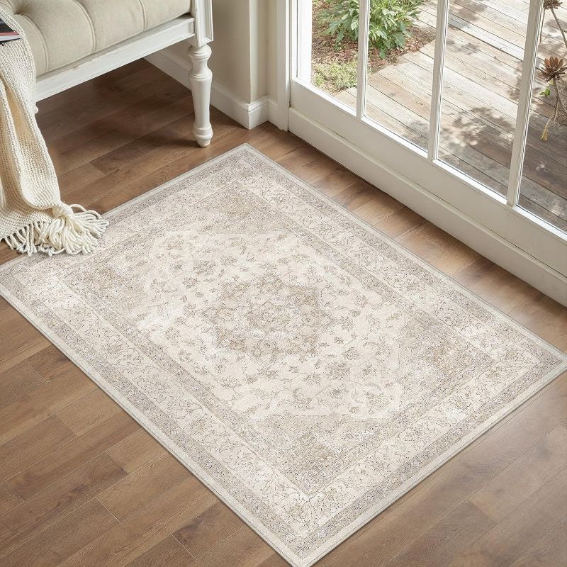 Photo 1 of Beige Area Rug 2x3 Washable Vintage Small Carpet for Entryway Kitchen Soft Retro Low Pile Thin Door Mat Non Slip Oriental Medallion Throw Rug for Bathroom Office Bedroom Dining Room