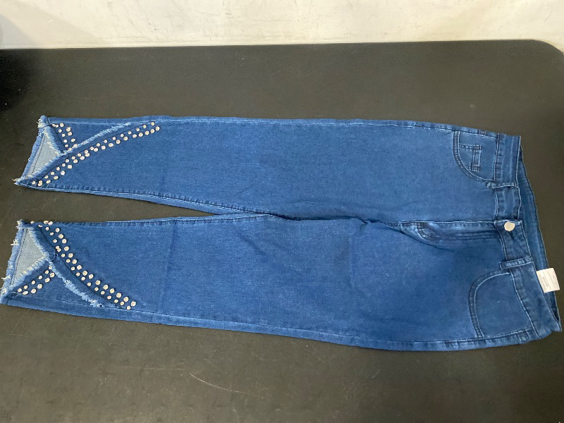 Photo 1 of L Women's Stretch Skinny Jeans - Mid-Rise Slim Fit Stretchy Denim Pants with Raw Hem, Light Blue Non-See-Through Jeans for Everyday & Formal Outfits - All-Season Stretch Jeans for Women, Versatile Clothing, Rhinestone Embellishments, Casual Wear, Stylish 