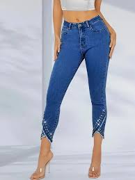 Photo 1 of L Women's Stretch Skinny Jeans - Mid-Rise Slim Fit Stretchy Denim Pants with Raw Hem, Light Blue Non-See-Through Jeans for Everyday & Formal Outfits - All-Season Stretch Jeans for Women, Versatile Clothing, Rhinestone Embellishments, Casual Wear, Stylish 