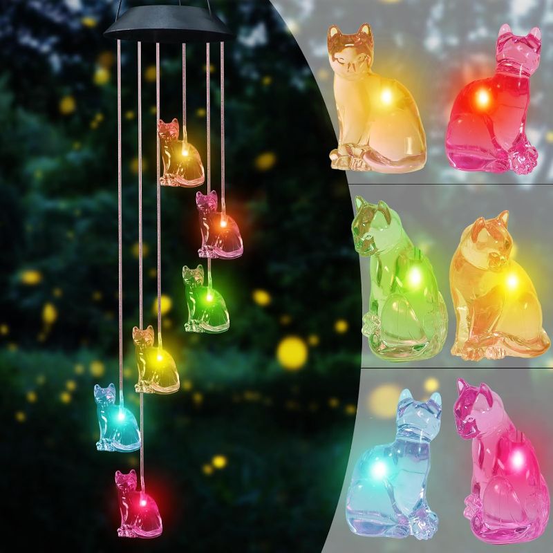 Photo 1 of Cat Solar Wind Chimes for Outside Colors Changing Waterproof Decorative Lights Gifts for Mom Solar Powered Mobile Hanging Wind Chime for Garden Patio Party Yard Window Indoor Outdoor Decor