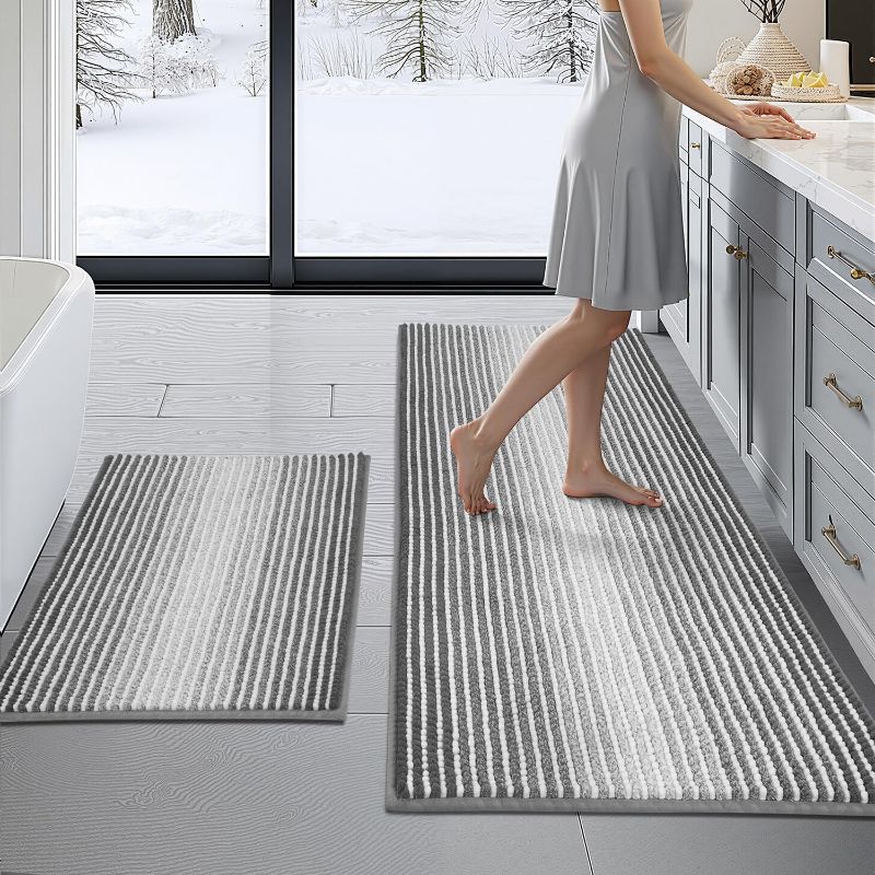 Photo 1 of Bathroom Rugs and Mats Sets, 2 Piece Thick Absorbent Chenille Non Slip, Soft Shaggy Floor Mats, Machine Washable (20" x 47" Plus 16" x 24", Gray)