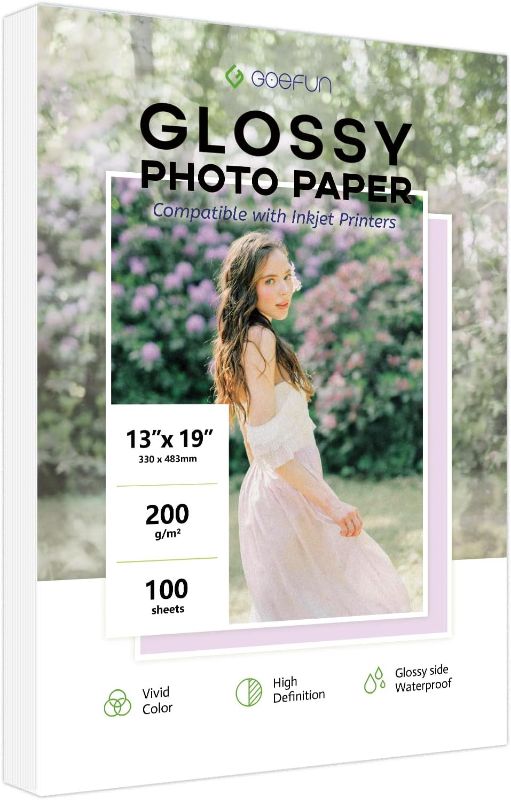 Photo 1 of 13x19 Photo Paper Glossy, Goefun 200 GSM/54 LB Printer Photo Paper for Inkjet Printer and Dye Ink, 100 Sheets