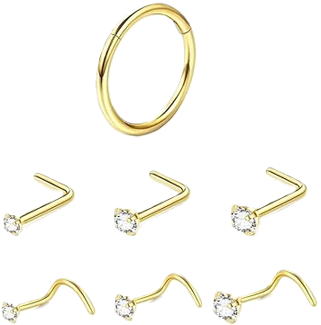 Photo 1 of 7PCS Titanium Nose Rings Stud, Gold Nose Ring for Women Men Hypoallergenic Nostril Hoops L Shape Nose Studs Corkscrew CZ Nose Piercing Jewelry Silver 18G & 20G Nose Ring Studs 2/2.5/3mm