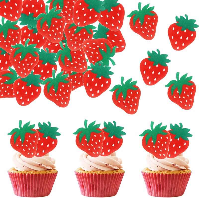 Photo 1 of 60 PCS Edible Strawberry Cupcake Toppers Wafer Paper Sweet Berry Cupcake Picks Edible Strawberry Cupcake Decorations for Baby Shower Wedding Birthday Party Cake Food Decorations Supplies