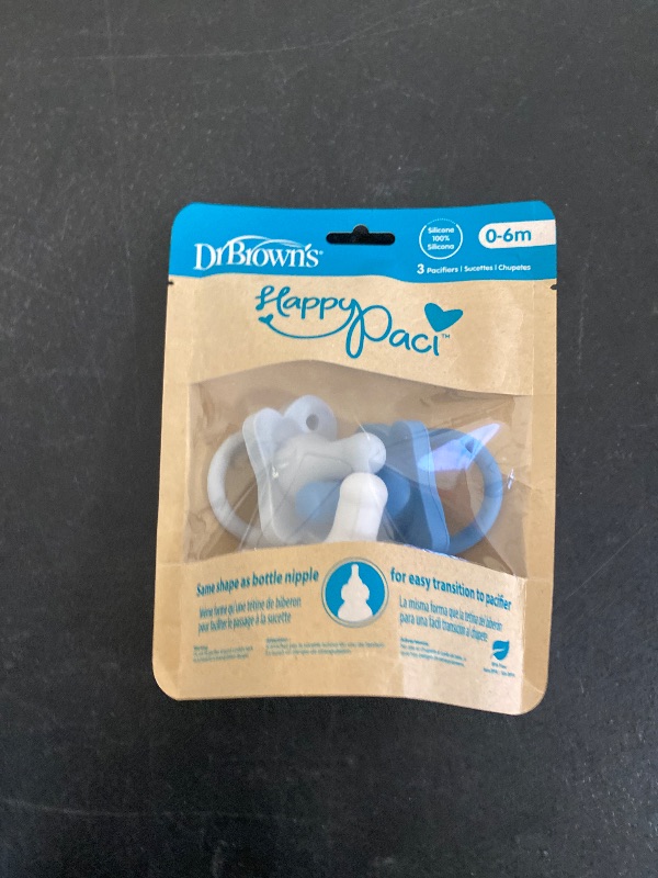 Photo 1 of Dr. Brown's HappyPaci 100% Silicone Baby Pacifier, Contoured One-Piece Design, Blue/Light Blue/White, 0-6m, BPA-Free, 3-Pack