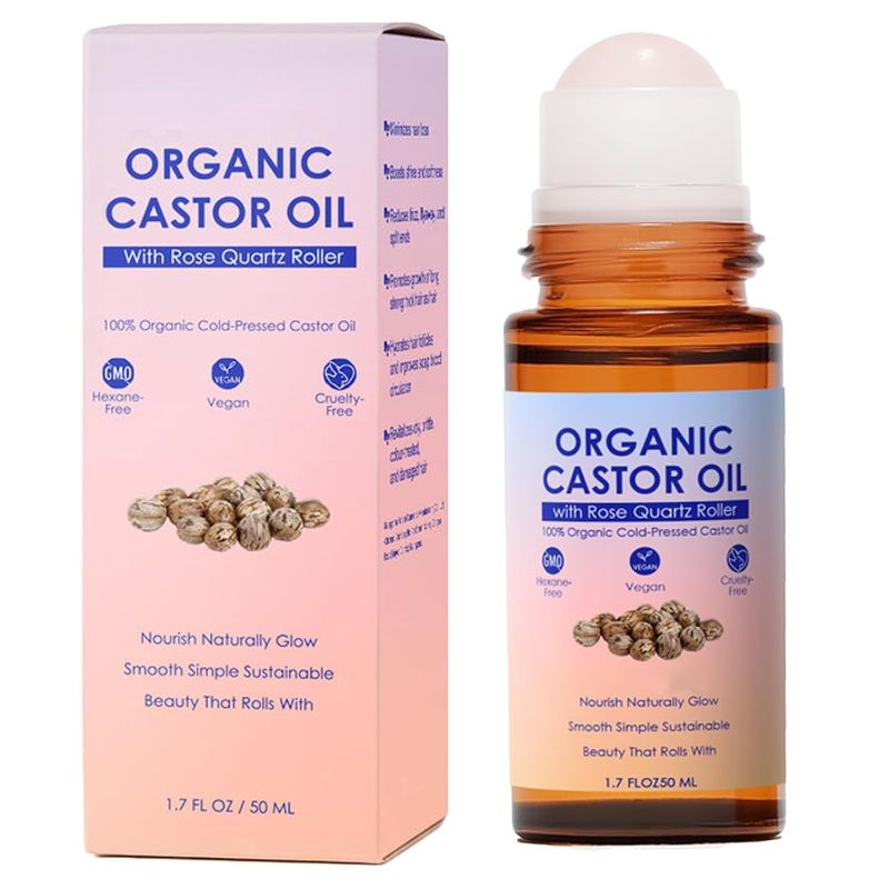Photo 1 of Organic Castor Oil Roll-On with Rose Quartz Roller, Cold-Pressed Pure Organic Golden Castor Oil Roller Ball for Hair Growth, Eyelashes, Eyebrows & Skin, 1.7 fl oz(1)