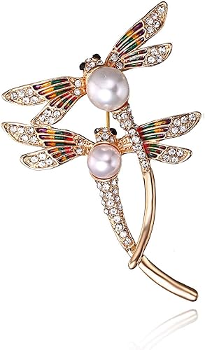 Photo 1 of Elegant Dragonfly Brooch Pins, Gold Tone Austrian Crystal Colorful Enamel Double Dragonfly Simulated Pearl Rhinestone Brooch Jewelry