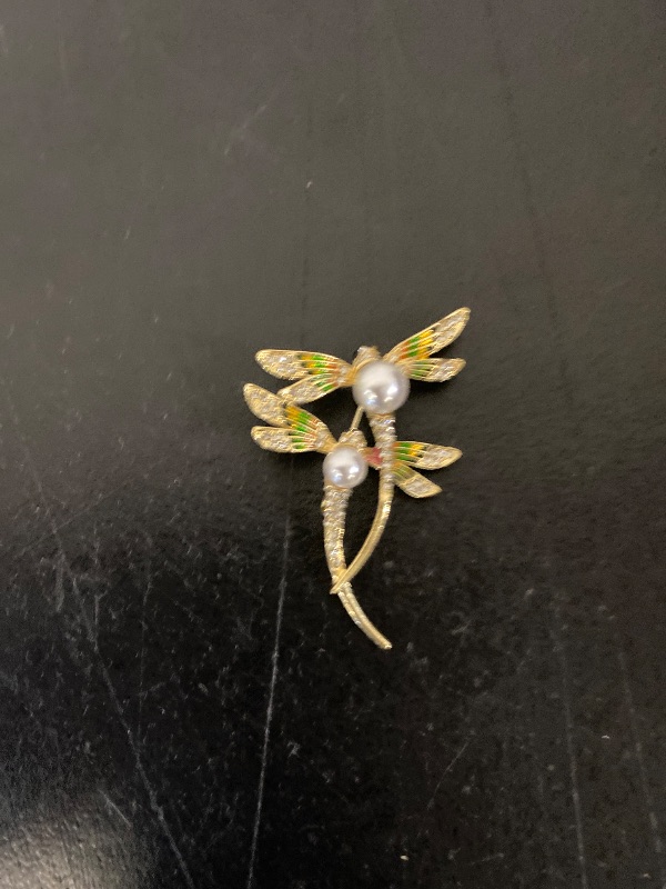 Photo 1 of Elegant Dragonfly Brooch Pins, Gold Tone Austrian Crystal Colorful Enamel Double Dragonfly Simulated Pearl Rhinestone Brooch Jewelry