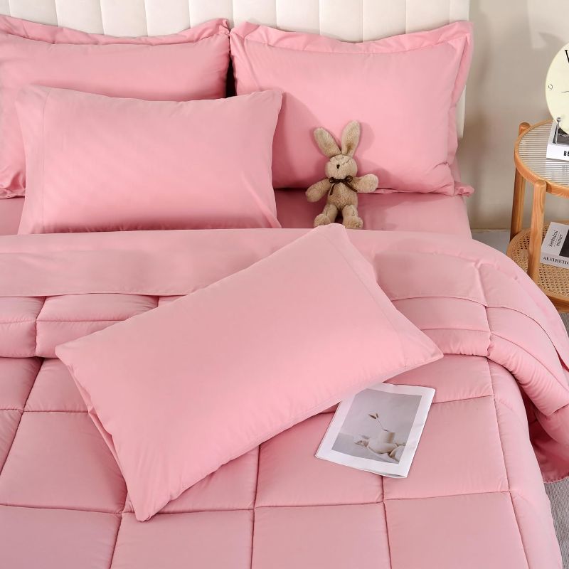 Photo 1 of DOWNCOOL Queen Comforter Set, 7 Pieces Bedding Sets Queen Pink, All Season Down Alternative Bed in a Bag Queen with Comforter, Flat Sheet, Fitted Sheet, 2 Pillow Shams & 2 Pillowcases

