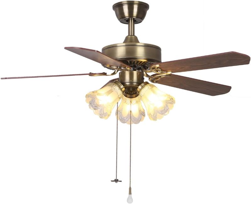 Photo 1 of 42 Inch Indoor Ceiling Fan with Pull-Chain and Three LED Light Bulbs Base, Traditional 3-Speeds Reversible Blades Ceiling Fan (Antique)
