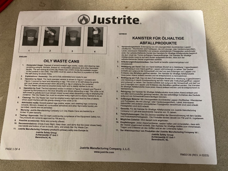 View 4 of Justrite 6 Gallon, Oily Waste Can, Hands-Free Self-Closing Cover, SoundGard™, Red - 09108