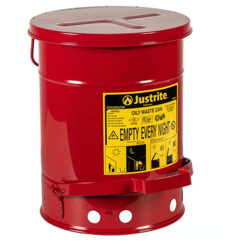 View 1 of Justrite 6 Gallon, Oily Waste Can, Hands-Free Self-Closing Cover, SoundGard™, Red - 09108