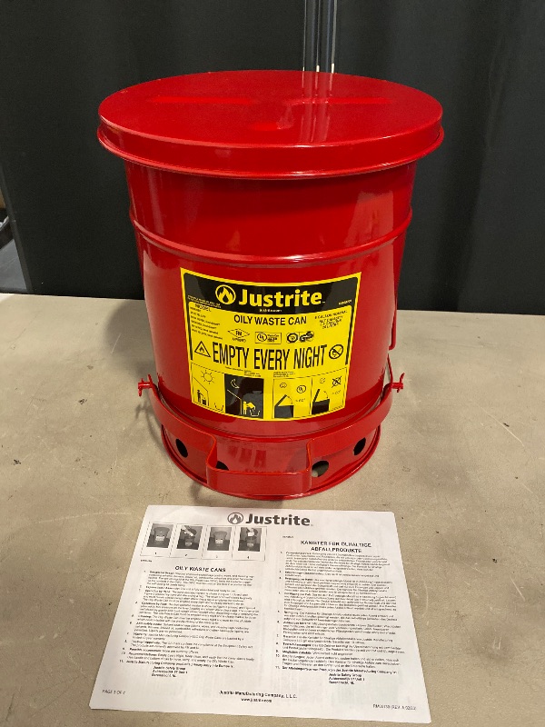 View 2 of Justrite 6 Gallon, Oily Waste Can, Hands-Free Self-Closing Cover, SoundGard™, Red - 09108