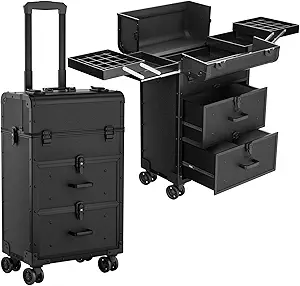 Photo 1 of Large Rolling Makeup Train Case, Professional Travel Cosmetology Case on Wheels with Drawers, 3 Tiers Nail Organizers Storage Case for Nail Tech, Tattoo, Hairstylist, Makeup, Extra Large
