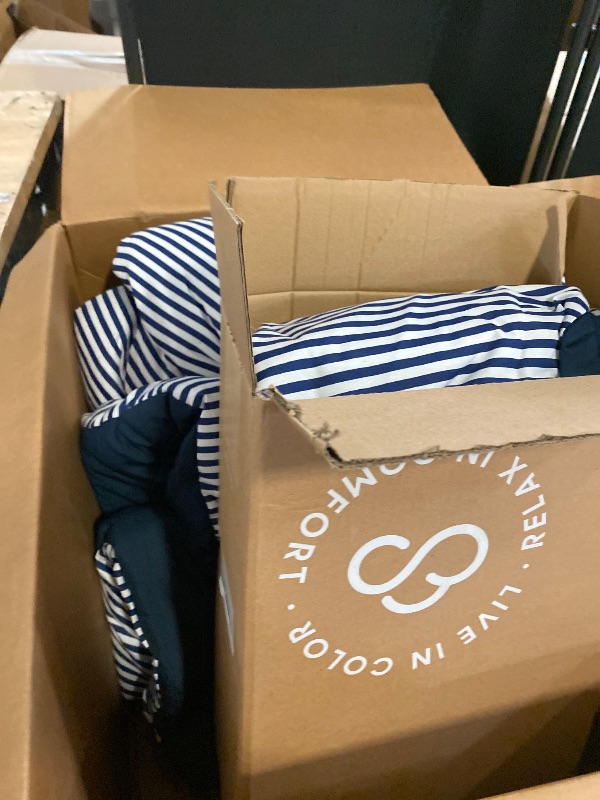 Photo 1 of (QN) Wake In Cloud - Striped Comforter Set with Sheets, Ticking Stripe Vertical Pinstripe Neutral Farmhouse Pattern Printed, 7 Pieces Bed in a Bag, Navy Blue White, Queen Size