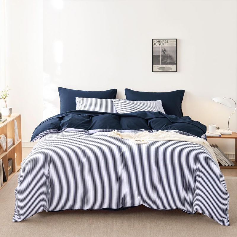 Photo 1 of (QN) Wake In Cloud - Striped Comforter Set with Sheets, Ticking Stripe Vertical Pinstripe Neutral Farmhouse Pattern Printed, 7 Pieces Bed in a Bag, Navy Blue White, Queen Size