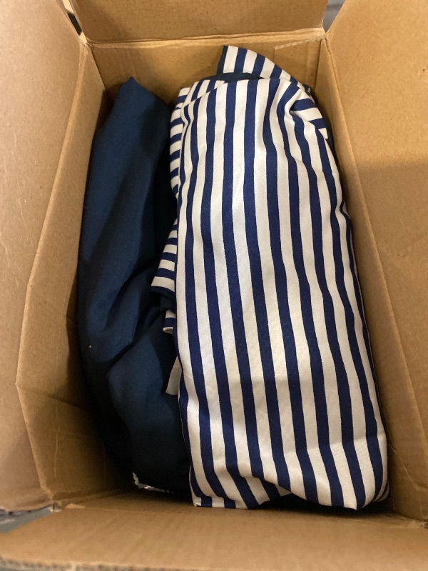 Photo 1 of (QN) Wake In Cloud - Striped Comforter Set with Sheets, Ticking Stripe Vertical Pinstripe Neutral Farmhouse Pattern Printed, 7 Pieces Bed in a Bag, Navy Blue White, Queen Size