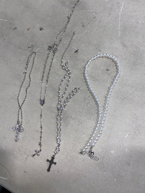 Photo 1 of Silver Layered Cross Necklace Set For Women, 4Pcs Pearl Rosary Choker Chunky Christian Pendant Vintage Long Y Gold Necklace Stack Religious Statement Boho Gothic Adjustable Jewelry Gift

