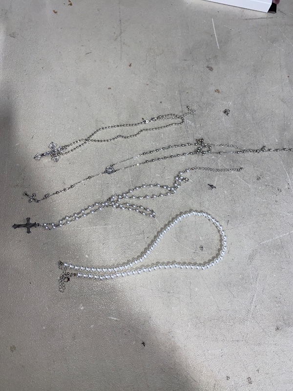 Photo 1 of Silver Layered Cross Necklace Set For Women, 4Pcs Pearl Rosary Choker Chunky Christian Pendant Vintage Long Y Gold Necklace Stack Religious Statement Boho Gothic Adjustable Jewelry Gift
