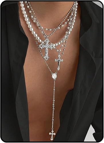 Photo 1 of Silver Layered Cross Necklace Set For Women, 4Pcs Pearl Rosary Choker Chunky Christian Pendant Vintage Long Y Gold Necklace Stack Religious Statement Boho Gothic Adjustable Jewelry Gift
